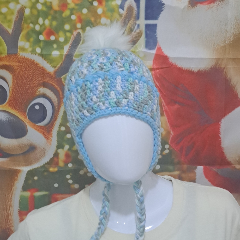 Blue and White Knit Earflap Beanie